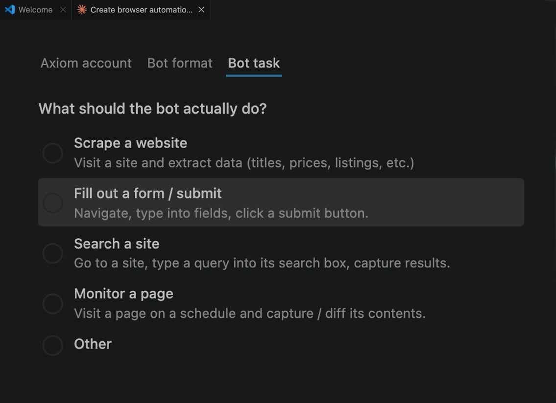 Create and runs browser automations in axiom using claude code